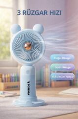 Şarjlı El Vantilatörü Telefon Standlı 3 Kademeli Ayıcıklı Taşınabilir Masa Fanı F72 Mavi