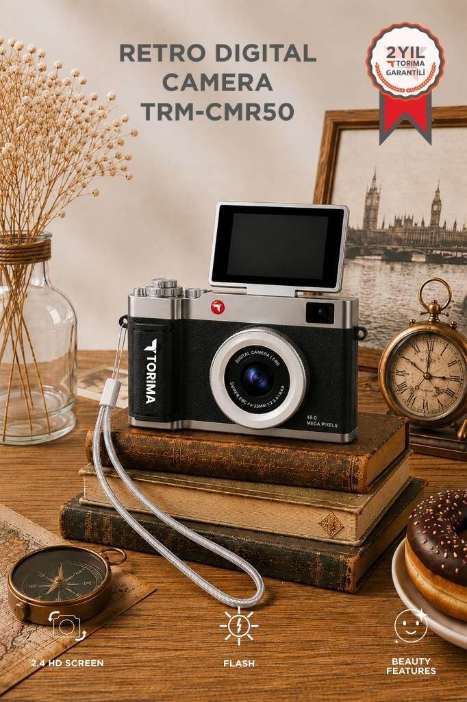 Torima Mini Dijital Retro Kamera Flip Ekranlı 48MP Selfie Video Vlog Kamerası CMR50 Siyah