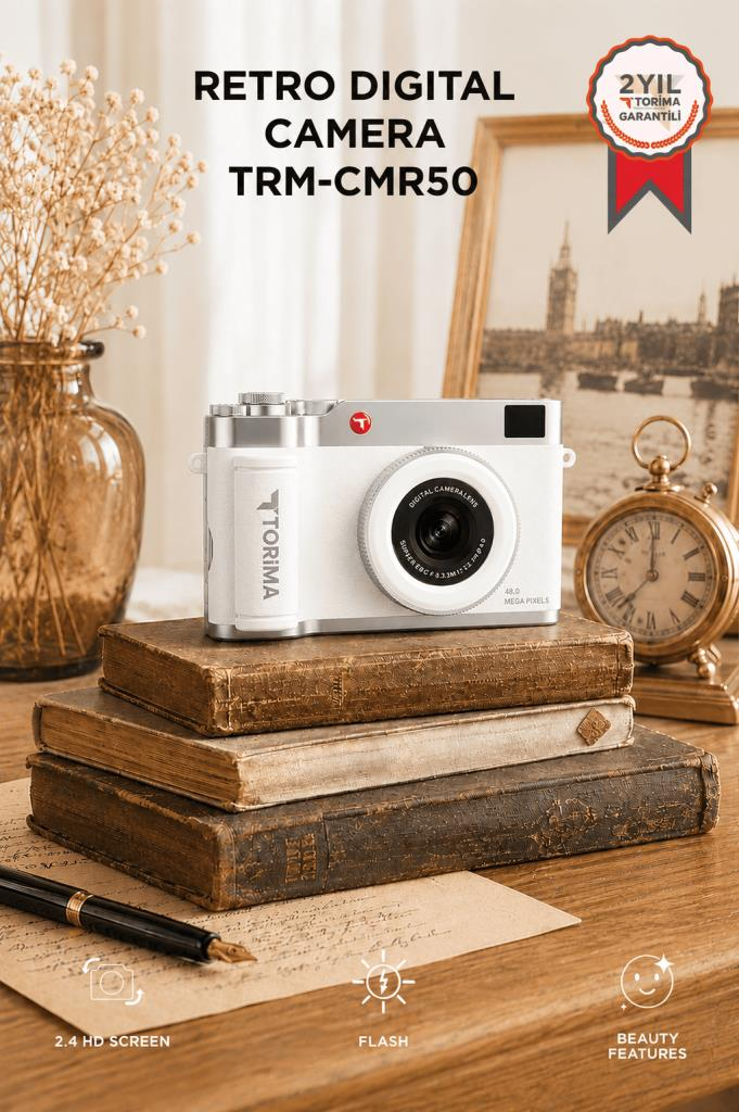 Mini Dijital Retro Kamera 48MP Selfie Video Vlog Kamerası CMR50 Beyaz