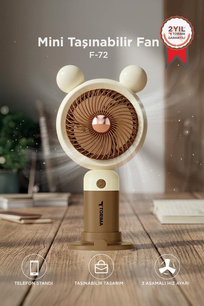 Şarjlı El Vantilatörü Telefon Standlı 3 Kademeli Ayıcıklı Taşınabilir Masa Fanı F72 Kahverengi