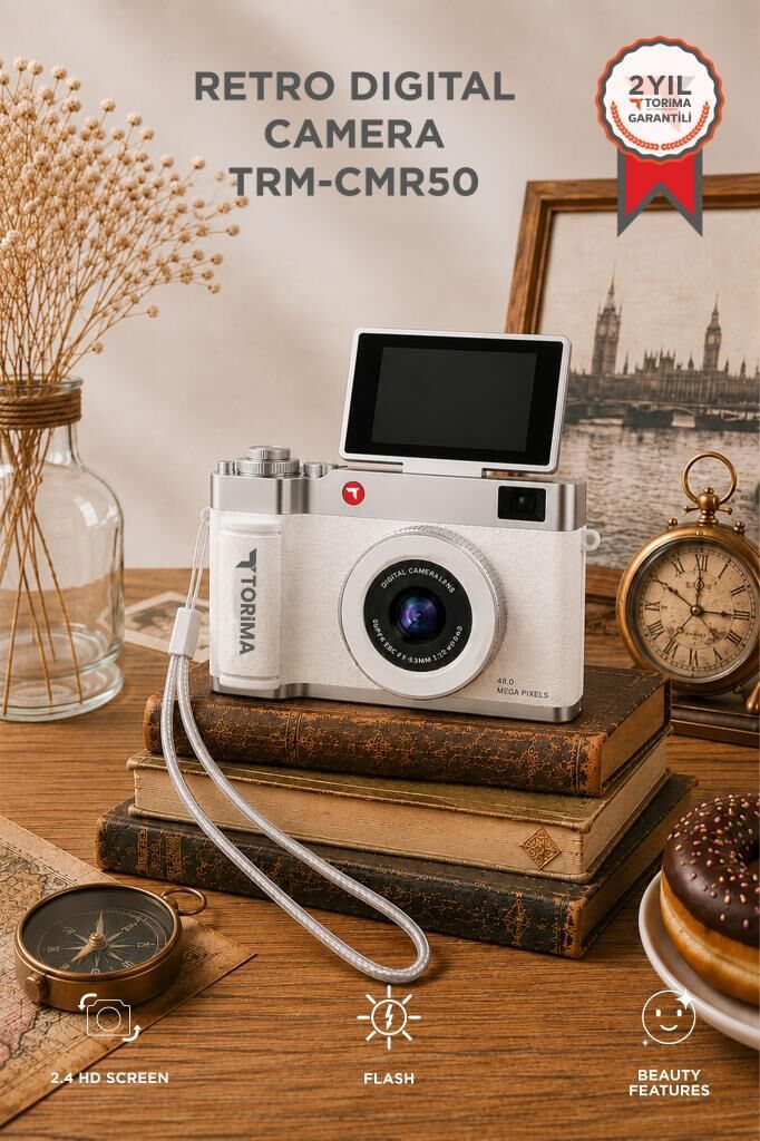Torima Mini Dijital Retro Kamera Flip Ekranlı 48MP Selfie Video Vlog Kamerası CMR50 Beyaz