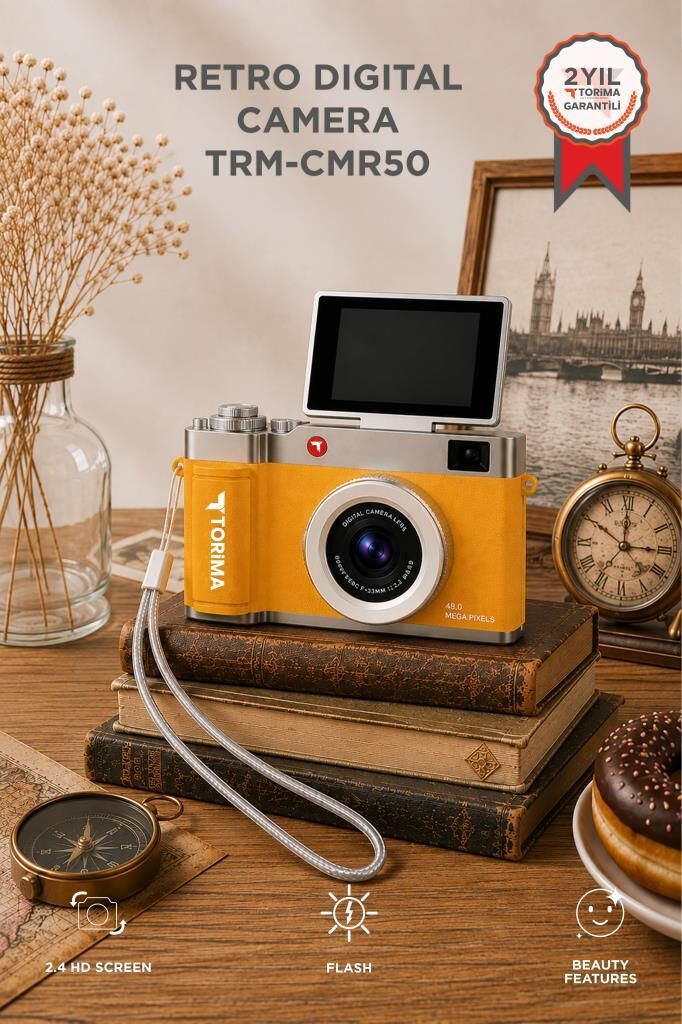 Torima Mini Dijital Retro Kamera Flip Ekranlı 48MP Selfie Video Vlog Kamerası CMR50 Sarı