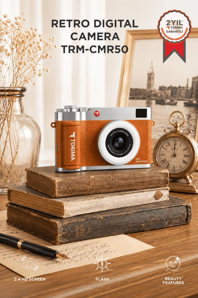 Mini Dijital Retro Kamera 48MP Selfie Video Vlog Kamerası CMR50 Kahverengi