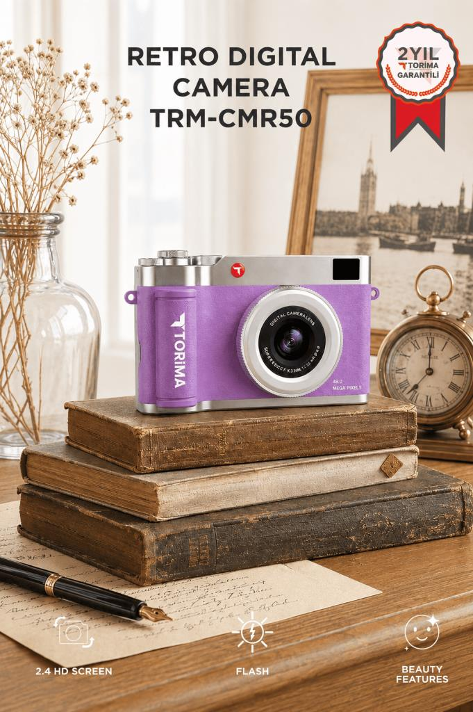 Mini Dijital Retro Kamera 48MP Selfie Video Vlog Kamerası CMR50 Mor