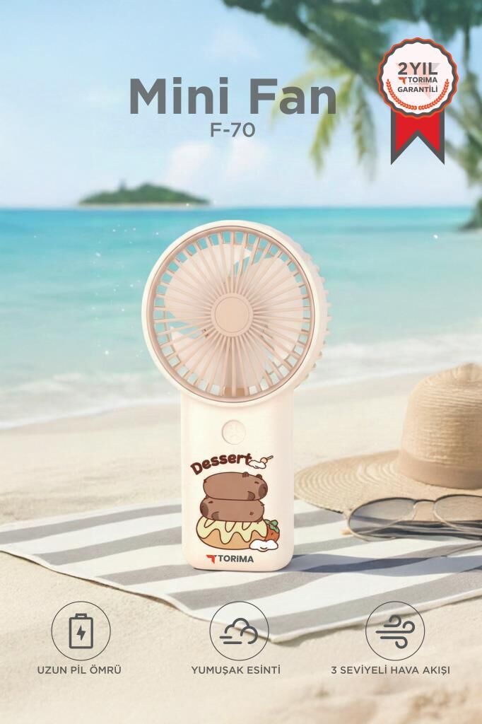 Şarjlı El Vantilatörü Mini Taşınabilir 3 Kademeli Kapibara Figürlü Masa Fanı F70 Beyaz