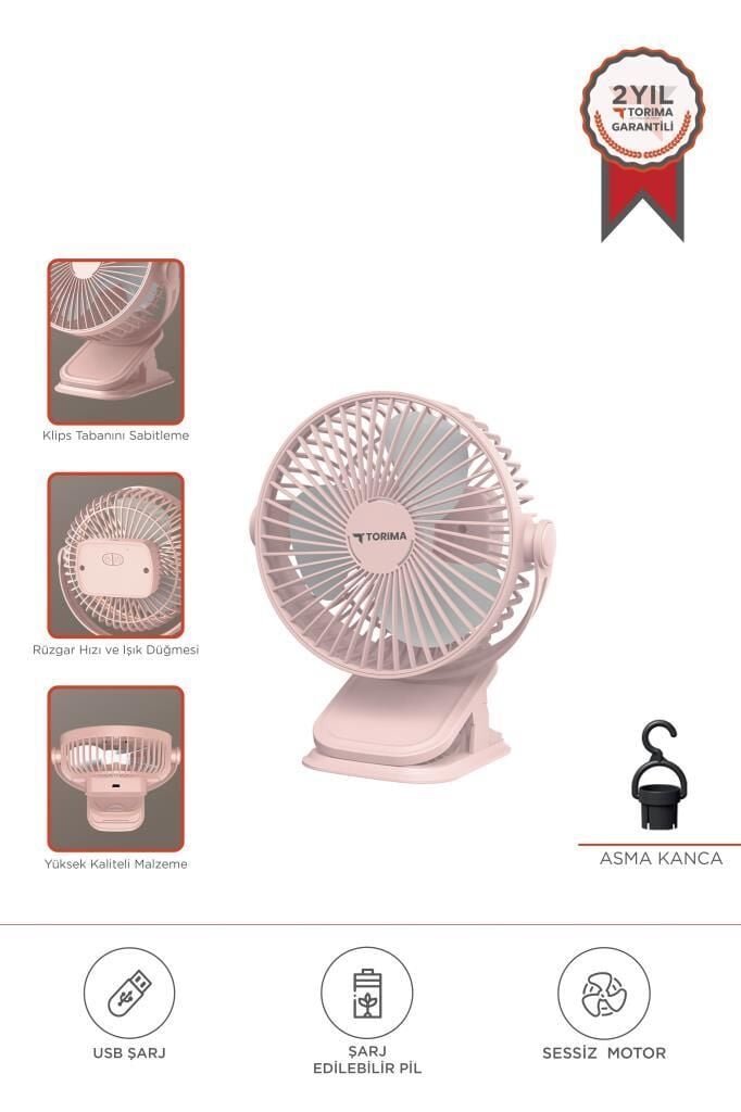 Torima F-15 Pembe Mini Fan Vantilatör I Asma Apartlı, 800 mAh Şarjlı, Type-C Girişli, Taşınabilir Fan