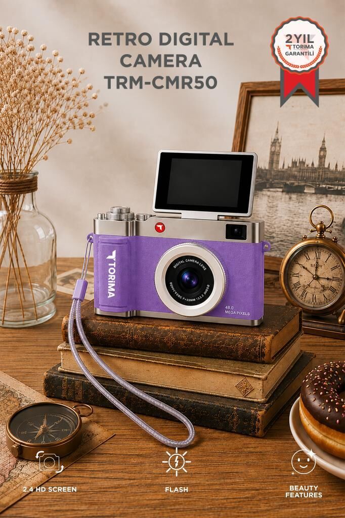 Torima Mini Dijital Retro Kamera Flip Ekranlı 48MP Selfie Video Vlog Kamerası CMR50 Mor
