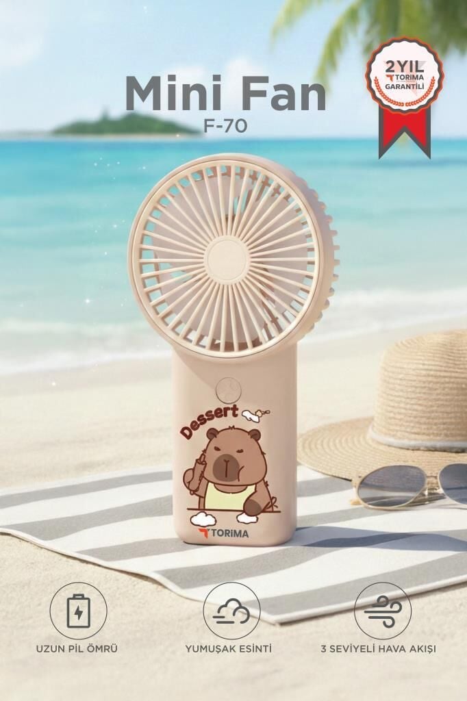 Şarjlı El Vantilatörü Mini Taşınabilir 3 Kademeli Kapibara Figürlü Masa Fanı F70 Bej