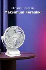 Torima F-15 Beyaz Mini Fan Vantilatör I Asma Apartlı, 800 mAh Şarjlı, Type-C Girişli, Taşınabilir Fan