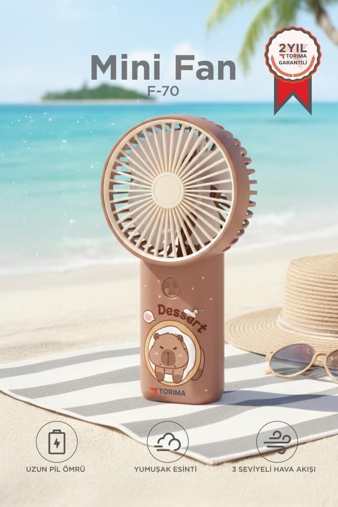 Şarjlı El Vantilatörü Mini Taşınabilir 3 Kademeli Kapibara Figürlü Masa Fanı F70 Kahverengi