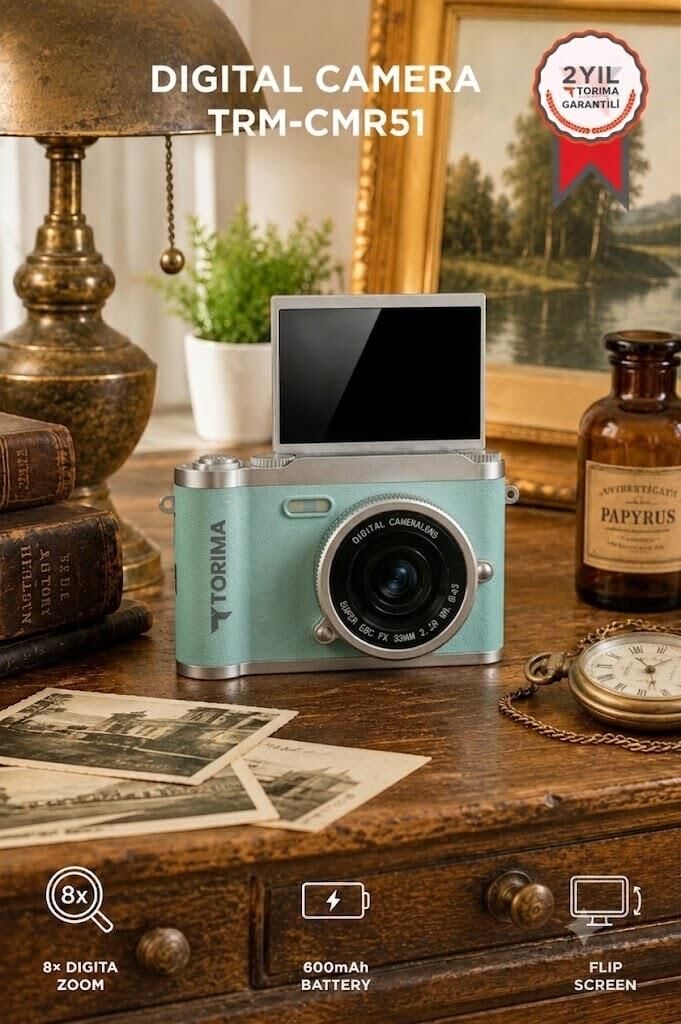 Mini Dijital Retro Kamera 48MP 8X Zoom Flip Ekranlı Selfie Video Vlog Kamerası CMR51 Mavi