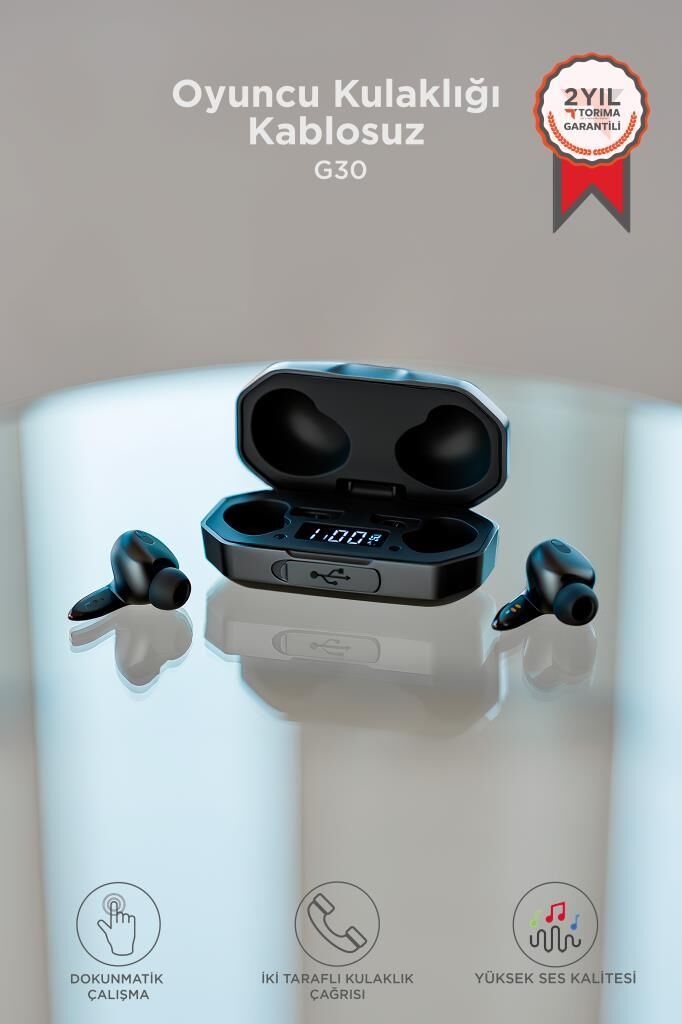Oyuncu Kulaklığı Kablosuz Rgb Işıklı Çift Mikrofonlu Kulak İçi Bluetooth Kulaklık G30 Siyah
