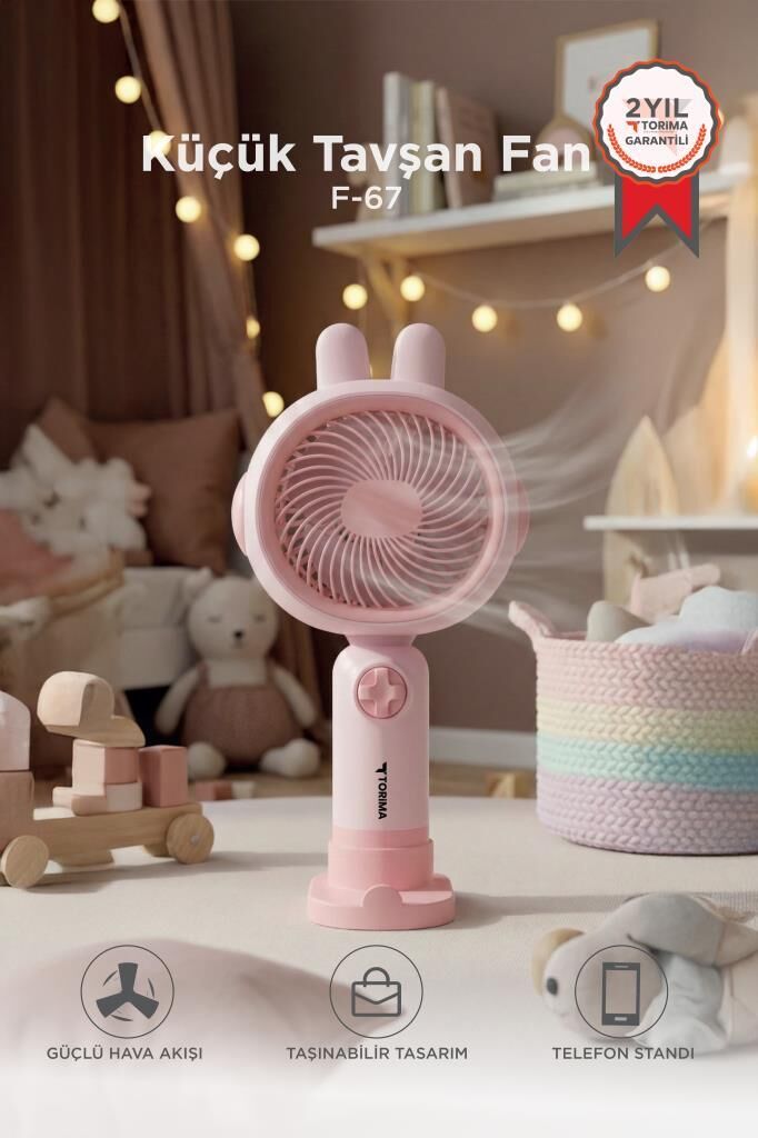 Şarjlı El Vantilatörü Telefon Standlı 3 Kademeli Tavşan Figürlü Masa Fanı F67 Pembe