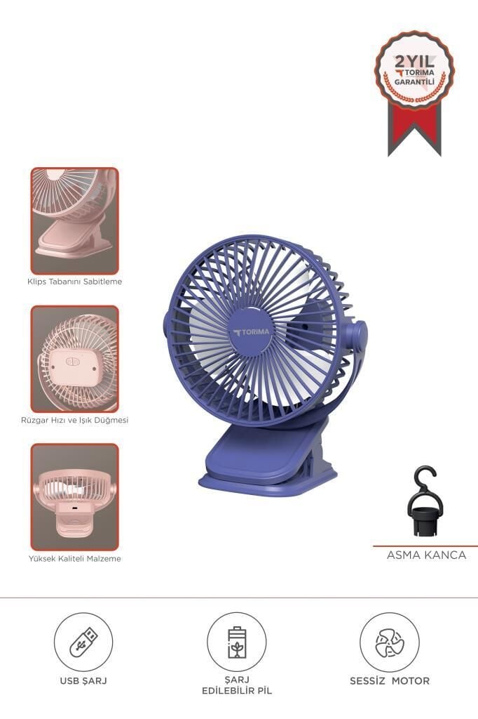 Torima F-15 Mavi Mini Fan Vantilatör I Asma Apartlı, 800 mAh Şarjlı, Type-C Girişli, Taşınabilir Fan