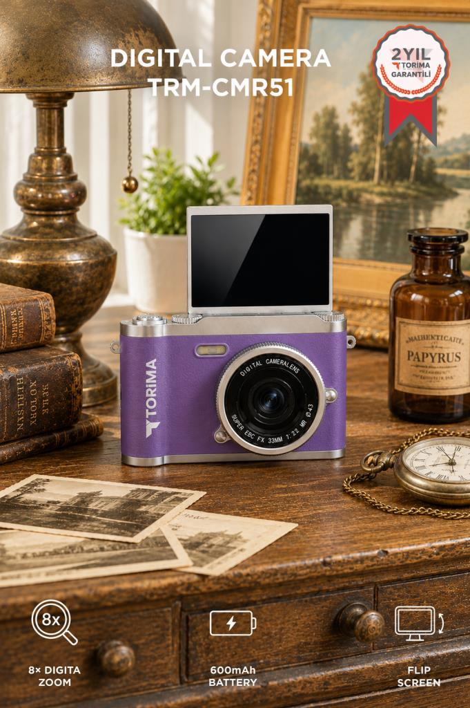Mini Dijital Retro Kamera 48MP 8X Zoom Flip Ekranlı Selfie Video Vlog Kamerası CMR51 Mor