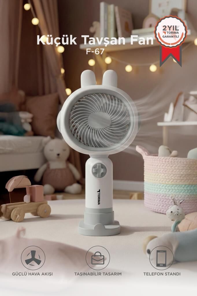 Şarjlı El Vantilatörü Telefon Standlı 3 Kademeli Tavşan Figürlü Masa Fanı F67 Beyaz