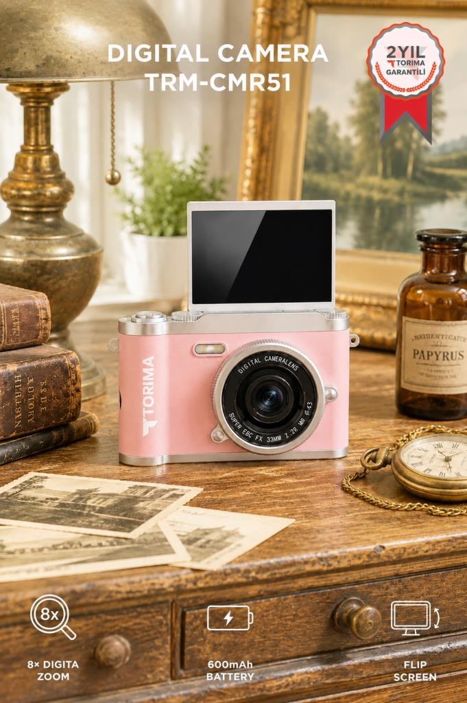 Mini Dijital Retro Kamera 48MP 8X Zoom Flip Ekranlı Selfie Video Vlog Kamerası CMR51 Pembe