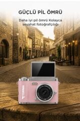 Mini Dijital Retro Kamera 48MP 8X Zoom Flip Ekranlı Selfie Video Vlog Kamerası CMR51 Pembe