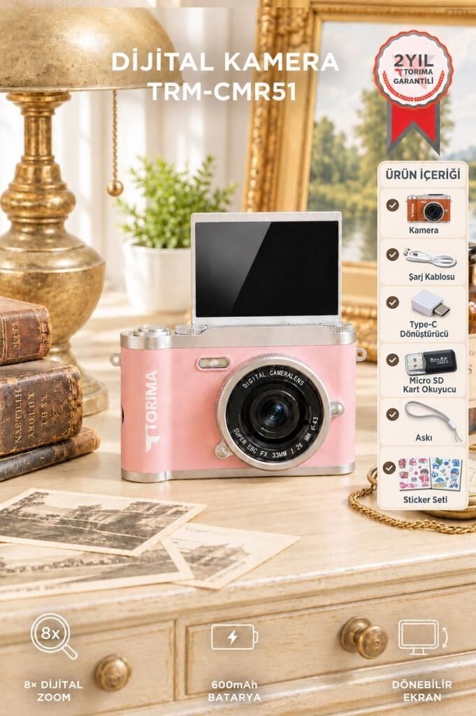 Mini Dijital Retro Kamera 48MP 8X Zoom Flip Ekranlı Selfie Video Vlog Kamerası CMR51 Pembe