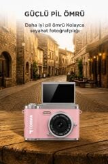 Mini Dijital Retro Kamera 48MP 8X Zoom Flip Ekranlı Selfie Video Vlog Kamerası CMR51 Pembe