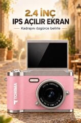 Mini Dijital Retro Kamera 48MP 8X Zoom Flip Ekranlı Selfie Video Vlog Kamerası CMR51 Pembe