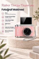 Mini Dijital Retro Kamera 48MP 8X Zoom Flip Ekranlı Selfie Video Vlog Kamerası CMR51 Pembe