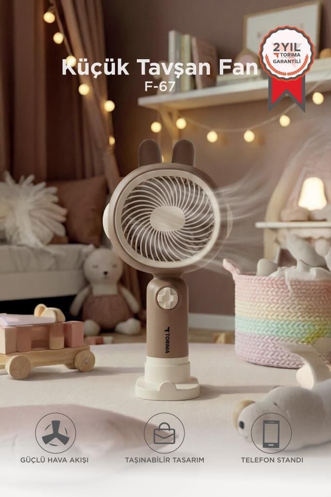 Şarjlı El Vantilatörü Telefon Standlı 3 Kademeli Tavşan Figürlü Masa Fanı F67 Kahverengi