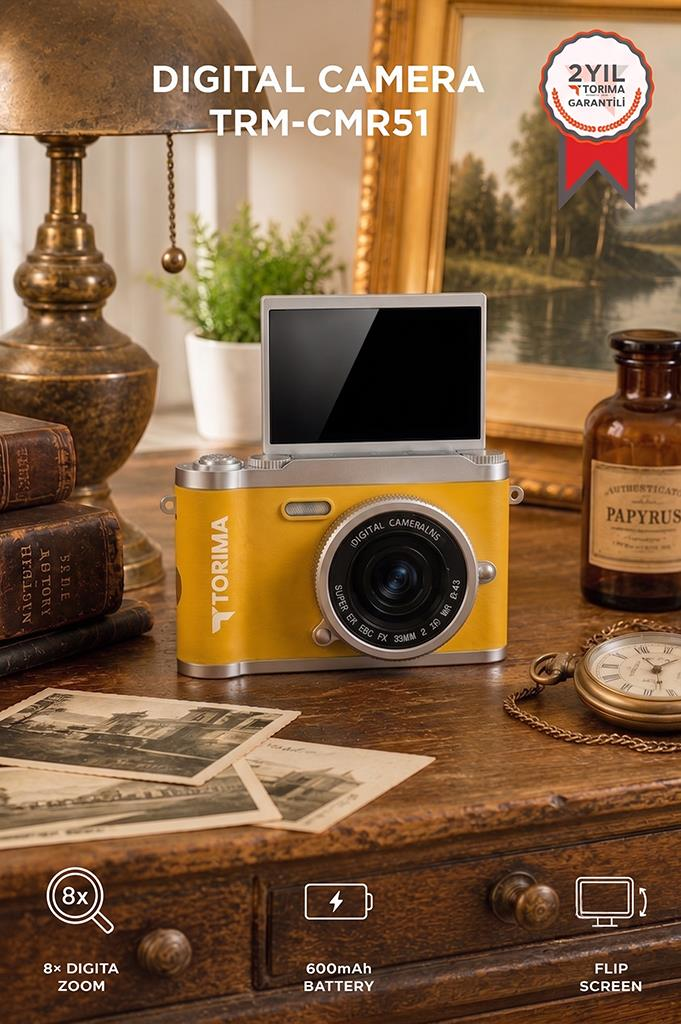 Mini Dijital Retro Kamera 48MP 8X Zoom Flip Ekranlı Selfie Video Vlog Kamerası CMR51 Sarı