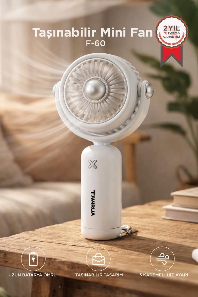 Şarjlı El Vantilatörü Hareketli Başlıklı 3 Kademeli Mini Taşınabilir Masa Fanı F60 Beyaz