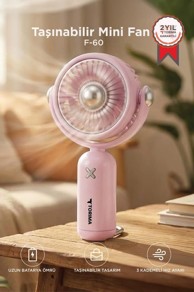 Şarjlı El Vantilatörü Hareketli Başlıklı 3 Kademeli Mini Taşınabilir Masa Fanı F60 Pembe