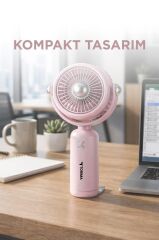 Şarjlı El Vantilatörü Hareketli Başlıklı 3 Kademeli Mini Taşınabilir Masa Fanı F60 Pembe