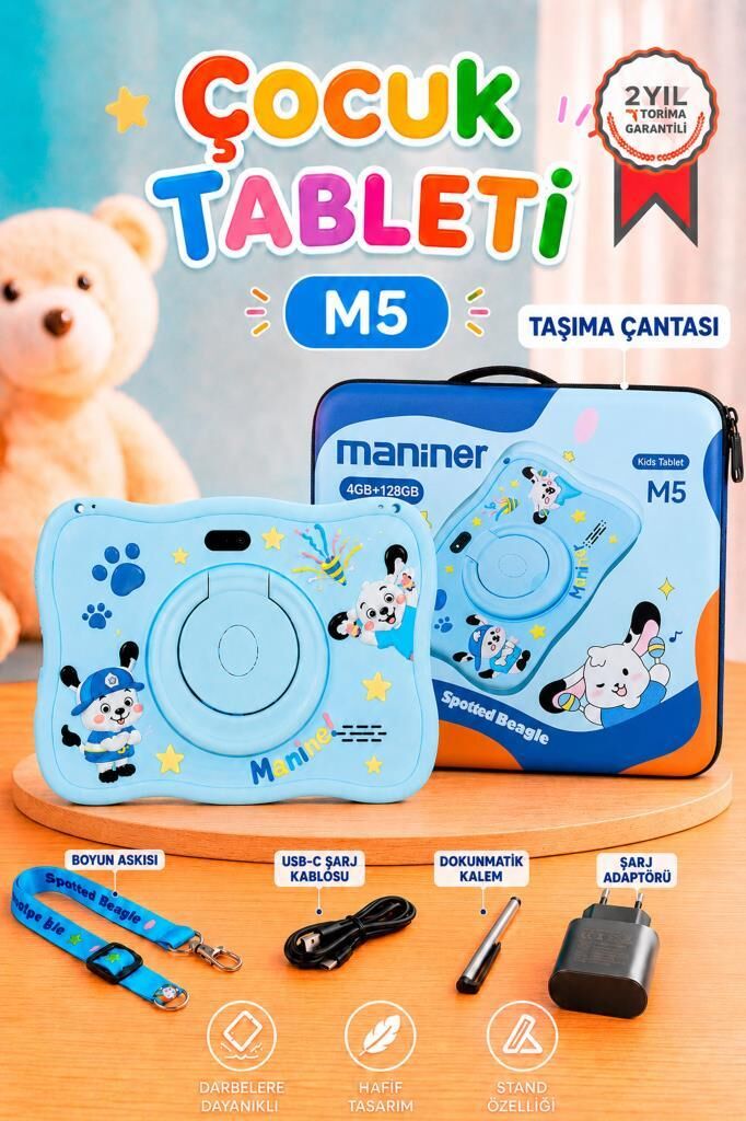 Maniner Eğitici Tablet 4GB 128GB Kılıf Hediyeli Çocuk Tableti M5 Mavi