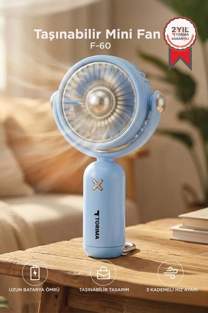 Şarjlı El Vantilatörü Hareketli Başlıklı 3 Kademeli Mini Taşınabilir Masa Fanı F60 Mavi