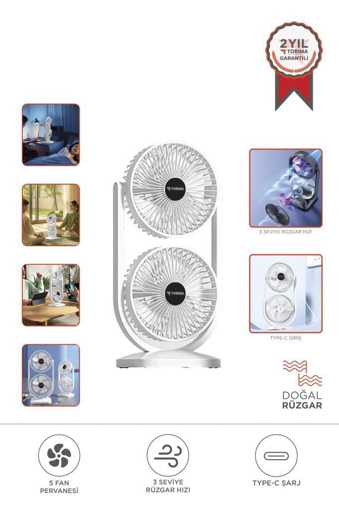 Torima F-22 Beyaz Mini Fan | Taşınabilir Çift Başlıklı Sessiz Vantilatör | Type-C Girişli, 3 Kademeli Hız Ayarı