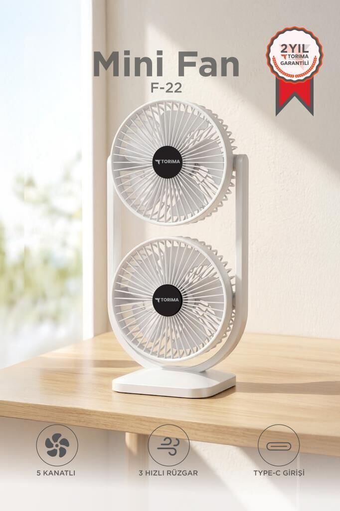 Şarjlı Çift Başlıklı Masaüstü Vantilatörü 3 Kademeli Taşınabilir Fan F22 Beyaz