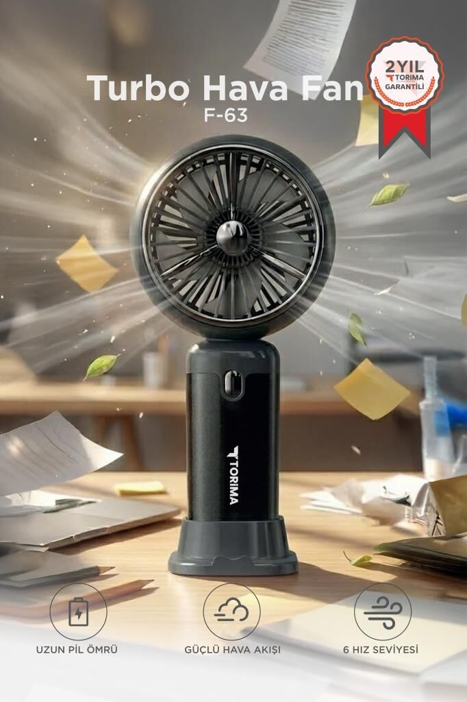 Şarjlı El Vantilatörü Turbo Hava Akışlı 6 Kademeli Taşınabilir Masa Fanı F63 Siyah
