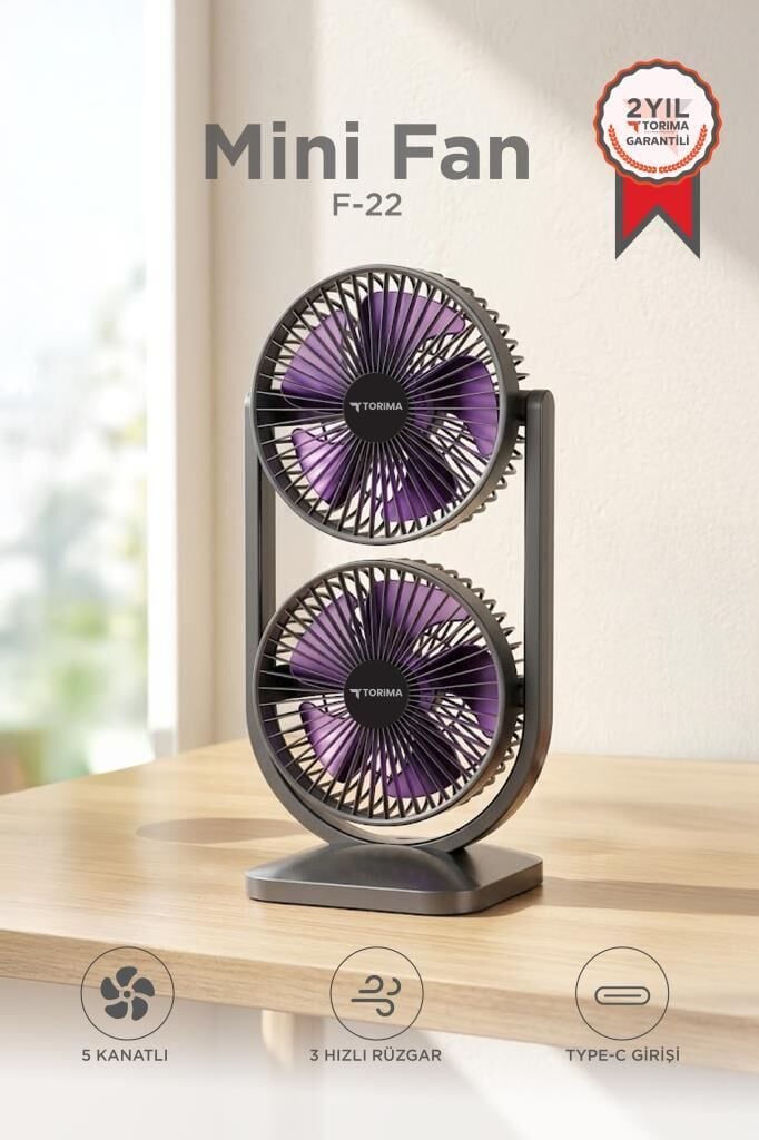 Şarjlı Çift Başlıklı Masaüstü Vantilatörü 3 Kademeli Taşınabilir Fan F22 Siyah