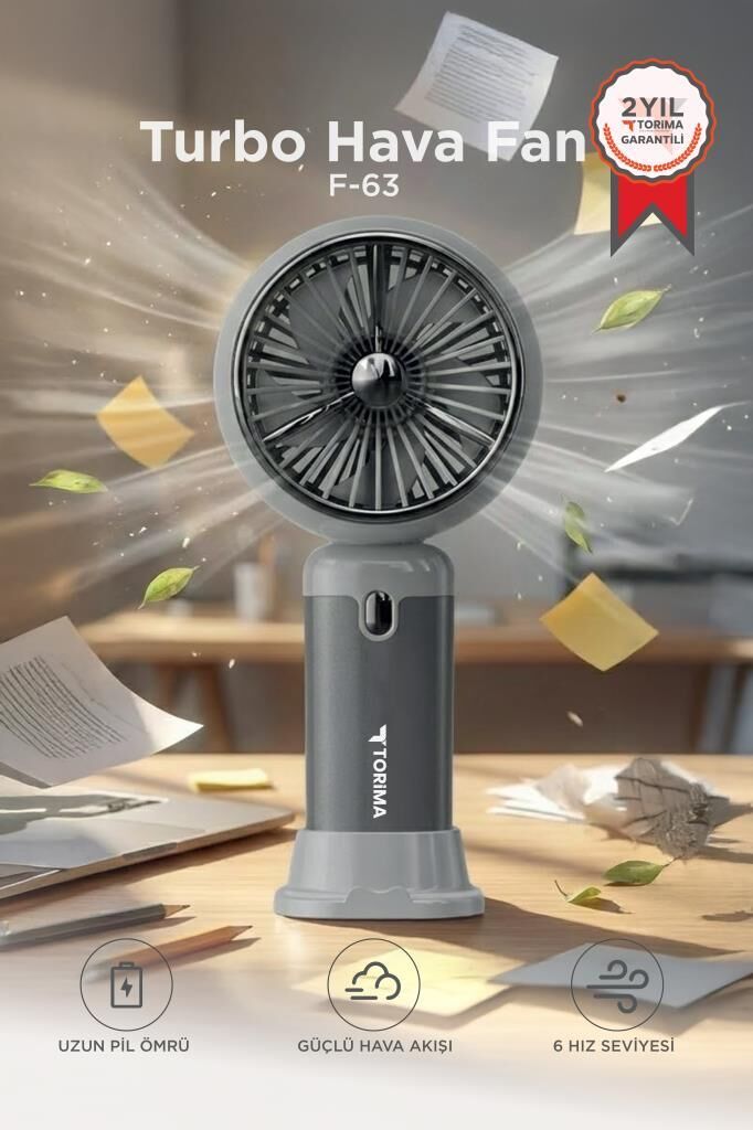 Şarjlı El Vantilatörü Turbo Hava Akışlı 6 Kademeli Taşınabilir Masa Fanı F63 Gri