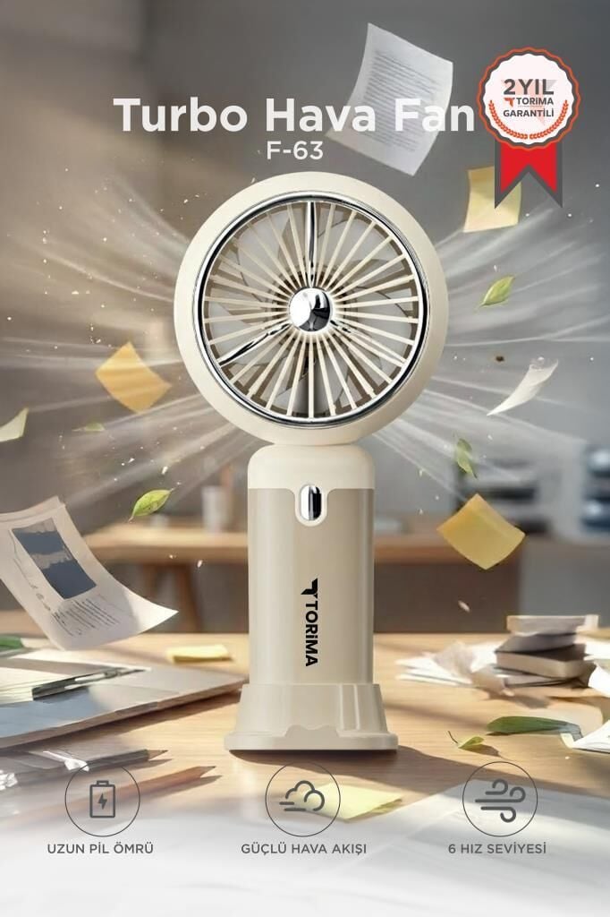 Şarjlı El Vantilatörü Turbo Hava Akışlı 6 Kademeli Taşınabilir Masa Fanı F63 Beyaz
