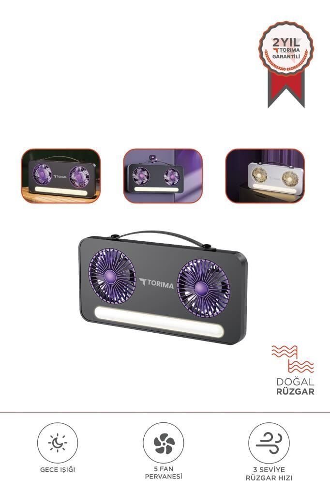 Vantilatör Led Işıklı Şarjlı Çift Fanlı Mini Masaüstü Fan 1200 Mah F23 Siyah