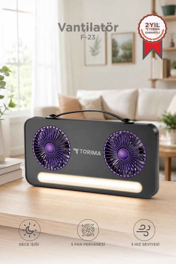 Vantilatör Led Işıklı Şarjlı Çift Fanlı Mini Masaüstü Fan 1200 Mah F23 Siyah