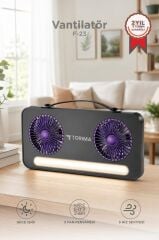 Vantilatör Led Işıklı Şarjlı Çift Fanlı Mini Masaüstü Fan 1200 Mah F23 Siyah