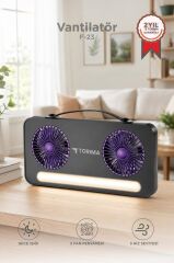 Vantilatör Led Işıklı Şarjlı Çift Fanlı Mini Masaüstü Fan 1200 Mah F23 Siyah