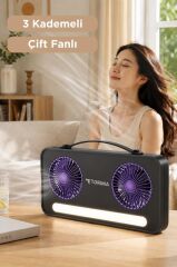 Vantilatör Led Işıklı Şarjlı Çift Fanlı Mini Masaüstü Fan 1200 Mah F23 Siyah
