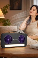 Vantilatör Led Işıklı Şarjlı Çift Fanlı Mini Masaüstü Fan 1200 Mah F23 Siyah