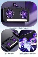 Vantilatör Led Işıklı Şarjlı Çift Fanlı Mini Masaüstü Fan 1200 Mah F23 Siyah