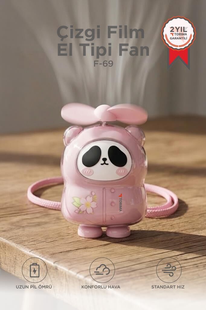 Şarjlı El Vantilatörü Panda Figürlü Taşınabilir Mini Masa Fanı F69 Pembe