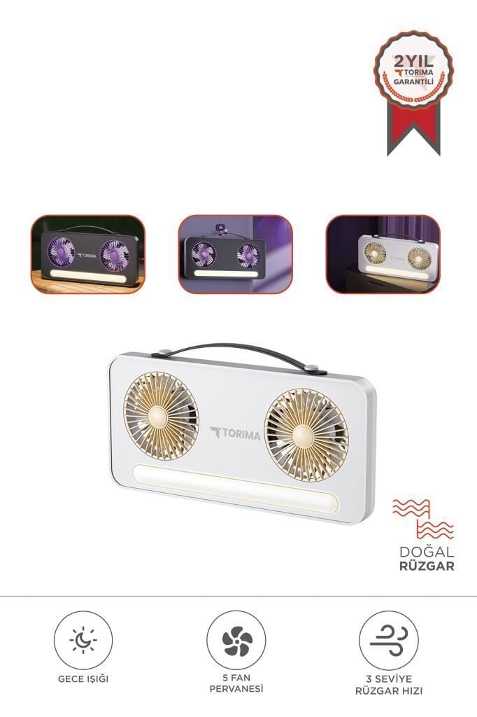 Vantilatör Led Işıklı Şarjlı Çift Fanlı Mini Masaüstü Fan 1200 Mah F23 Beyaz
