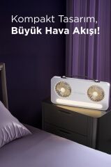 Vantilatör Led Işıklı Şarjlı Çift Fanlı Mini Masaüstü Fan 1200 Mah F23 Beyaz