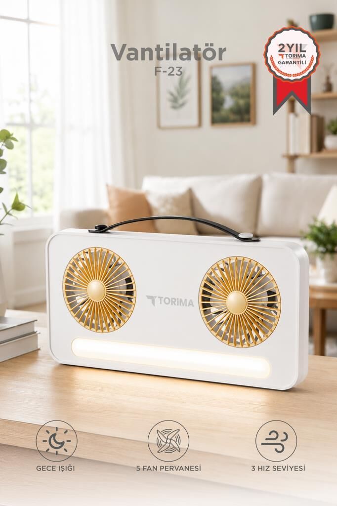 Vantilatör Led Işıklı Şarjlı Çift Fanlı Mini Masaüstü Fan 1200 Mah F23 Beyaz